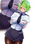  1girl bangs black_neckwear blue_skirt blush breast_pocket breasts collared_shirt covered_nipples cowboy_shot eyepatch gloves green_hair hair_intakes hair_over_one_eye hands_on_own_chest hands_up heart large_breasts looking_at_viewer mother13fucker necktie no_bra otonashi_kiruko parted_lips pocket police police_uniform red_eyes shinmai_fukei_kiruko-san shirt short_hair short_sleeves simple_background skirt smile steaming_body swept_bangs thigh_gap thighs uniform white_background white_gloves zoom_layer 