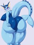  anthro big_breasts big_butt breasts butt camel_toe clothing eeveelution hi_res huge_breasts huge_butt hyper hyper_butt looking_back mrsk nintendo nipple_outline open_mouth pok&eacute;mon pok&eacute;mon_(species) purple_eyes solo swimwear thick_thighs vaporeon video_games 