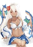  1girl absurdres ahoge bare_shoulders bikini blue_skirt breasts cleavage collarbone commentary_request dark_skin dragon flower front-tie_bikini front-tie_top granblue_fantasy hair_between_eyes hair_flower hair_ornament highres jacket large_breasts light_smile long_hair looking_at_viewer midriff navel off-shoulder_jacket open_clothes open_jacket pleated_skirt red_eyes rokon sitting skirt solo swimsuit very_long_hair white_background white_bikini white_hair white_jacket zooey_(granblue_fantasy) 