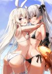  2girls absurdres alternate_costume amatsukaze_(kantai_collection) arms_around_neck ass bangs bikini black_bikini blonde_hair blue_sky blush breasts cloud collarbone cowboy_shot day eyebrows_visible_through_hair fanbox_reward fang grey_eyes hair_ribbon hairband halterneck highres hug innertube jacket kantai_collection lifebuoy long_hair looking_at_viewer multiple_girls off_shoulder open_mouth outdoors paid_reward ribbon shimakaze_(kantai_collection) side-tie_bikini sideboob skin_fang sky small_breasts smile string_bikini swimsuit takanashi_kei_(hitsujikan) thigh_strap two_side_up white_bikini white_hair yellow_eyes 