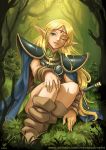  1girl blonde_hair booots cape deedlit elf fantasy forest grass green_eyes hand_on_own_knee hilt long_hair maxa&#039; nature one_eye_closed patreon_username pauldrons pointy_ears record_of_lodoss_war shoulder_armor sitting smile solo sword tree weapon 