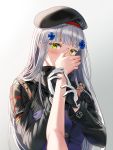  1girl bangs beret blunt_bangs blush girls_frontline green_eyes hand_on_another&#039;s_face hat hk416_(girls_frontline) holding_another&#039;s_arm long_hair looking_at_viewer pov sidelocks silence_girl silver_hair very_long_hair 