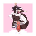  1girl apron black_dress black_hair black_sleeves closed_eyes commentary_request dress frilled_dress frills long_hair maid maid_apron maid_dress maid_headdress original outstretched_arms shoes skateboard sneakers suzushiro_(suzushiro333) 
