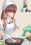  4girls apron cooking cutting_board finger_to_mouth hakurei_reimu kirisame_marisa komano_aun konpaku_youmu multiple_girls sharkudon stew touhou waiting 