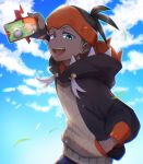  1boy :d aqua_eyes arm_up black_hair cloud commentary day dynamax_band earrings gen_4_pokemon gen_6_pokemon gloves goomy gym_leader hand_in_pocket hat highres holding holding_pokemon jewelry kibana_(pokemon) looking_down nameko_777 open_mouth orange_headwear outdoors partly_fingerless_gloves pokemon pokemon_(creature) pokemon_(game) pokemon_swsh rotom rotom_phone single_glove sky smile teeth tongue wristband 