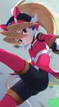  1girl absurdres ass bike_shorts blonde_hair blue_eyes blurry blurry_background ciel_(rockman) closed_mouth cosplay energy_sword gloves grey_background helmet highres holding holding_sword holding_weapon long_hair long_sleeves momo_(higanbana_and_girl) ponytail red_shirt rockman rockman_zero shirt simple_background solo sword very_long_hair weapon white_gloves zero_(rockman) zero_(rockman)_(cosplay) 
