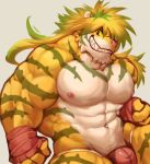  2017 abs anthro bandage biceps big_pecs blonde_hair clothed clothing felid fur green_hair grin hair hi_res istani kemono magan male mammal multicolored_hair muscular muscular_anthro muscular_male navel nipples pantherine pecs pink_nipples pink_nose simple_background skimpy smile solo striped_body striped_fur stripes teeth tiger tokyo_afterschool_summoners topless two_tone_hair underwear video_games white_background white_body white_fur yellow_body yellow_fur yellow_sclera 