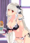  1girl adapted_costume ass_visible_through_thighs azur_lane bangs black_bra black_panties blunt_bangs blush bra breasts cleavage commentary cowboy_shot curtains eyebrows_visible_through_hair food formidable_(azur_lane) frilled_bra frilled_panties frills hair_ribbon highres holding holding_tray ice_cream large_breasts light_particles lips long_hair looking_at_viewer napkin panties puckered_lips red_eyes ribbon side-tie_panties silver_hair solo spoon straight_hair sundae thigh_strap thighs tray twintails underwear underwear_only window wrist_cuffs yoyoshi_renga 
