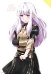  1girl 47e_0221 closed_mouth fire_emblem fire_emblem:_three_houses garreg_mach_monastery_uniform highres long_hair long_sleeves lysithea_von_ordelia pink_eyes rolling_sleeves_up simple_background solo twitter_username uniform white_hair 