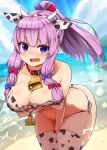  1girl animal_ears animal_print bare_arms bare_shoulders beach bell bikini blue_sky breasts cleavage collar cow_ears cow_print cowboy_shot day fake_horns hairband highres horns large_breasts leaning_forward long_hair looking_at_viewer ocean open_mouth outdoors patchouli_knowledge ponytail purple_eyes purple_hair red_collar shiron_(e1na1e2lu2ne3ru3) side-tie_bikini sky solo string_bikini summer swimsuit thighhighs touhou white_bikini white_hairband white_legwear 