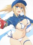  1girl ahoge artoria_pendragon_(all) bangs baseball_cap bikini blonde_hair blue_eyes blue_headwear blue_jacket blush breasts can cleavage cooler cropped_jacket fate/grand_order fate_(series) hair_between_eyes hair_through_headwear hat highres jacket large_breasts long_hair long_sleeves looking_at_viewer mysterious_heroine_xx_(foreigner) navel open_mouth ponytail shrug_(clothing) sidelocks simple_background smile soda_can swimsuit thigh_strap white_bikini wristband zekkyon 