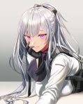  1girl ak-12_(girls_frontline) artificial_eye braid breasts girls_frontline hand_on_own_face long_hair looking_at_viewer lying mechanical_eye medium_breasts on_stomach parted_lips pink_eyes ponytail silence_girl silver_hair smile solo very_long_hair 