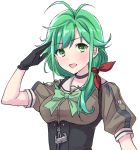  1girl antenna_hair bangs black_choker black_gloves blush bow bowtie breasts choker eyebrows_visible_through_hair gloves green_eyes green_hair green_neckwear hair_ribbon kantai_collection long_hair matsu_(kantai_collection) medium_breasts open_mouth red_ribbon ribbon salute short_sleeves simple_background solo u0709 upper_body white_background 