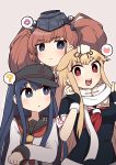  3girls ? akatsuki_(kantai_collection) anchor anchor_symbol anger_vein atlanta_(kantai_collection) bangs black_gloves black_sailor_collar blonde_hair blue_eyes blue_hair blush breasts brown_background brown_hair eyebrows_visible_through_hair fingerless_gloves flat_cap garrison_cap gloves hair_flaps hair_ornament hair_ribbon hairclip hat headgear heart highres kantai_collection long_hair long_sleeves multiple_girls open_mouth partly_fingerless_gloves red_eyes red_neckwear remodel_(kantai_collection) ribbon sailor_collar scarf school_uniform serafuku short_sleeves sidelocks simoyuki simple_background spoken_anger_vein spoken_heart spoken_question_mark twintails white_sailor_collar white_scarf yuudachi_(kantai_collection) 