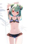  1girl armpits arms_up breasts commentary_request double_bun earrings fingernails green_hair hololive jewelry looking_at_viewer navel palm_tree red_eyes small_breasts smile solo swimsuit tree uruha_rushia virtual_youtuber white_background yasuyuki 