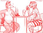  anthro beverage both_pregnant bottomwear canid canine canis chair clothing collar dalmatian domestic_dog duo fox furniture fuzzbee glass male male_pregnancy mammal pregnant shorts sitting straw table 