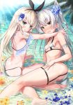  2girls alternate_costume amatsukaze_(kantai_collection) ass bare_legs bare_shoulders barefoot bikini blonde_hair blue_eyes blush breasts brown_eyes butt_crack criss-cross_halter dimples_of_venus fanbox_reward fang flower grey_eyes hair_flower hair_ornament hair_ribbon halterneck highleg highleg_bikini highres kantai_collection layered_bikini long_hair lying micro_bikini multiple_girls open_mouth paid_reward partially_submerged petals ribbon shimakaze_(kantai_collection) side-tie_bikini silver_hair sitting skin_fang skindentation small_breasts string_bikini sunlight swimsuit takanashi_kei_(hitsujikan) thigh_strap two_side_up water wet 