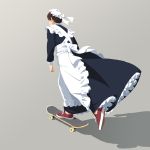  1girl apron black_dress brown_hair dress from_behind hat long_sleeves maid maid_apron maid_dress mob_cap original red_footwear shadow shoes short_hair skateboard skateboarding sneakers solo standing suzushiro_(suzushiro333) 