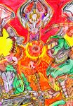  absurdres bat bat_emil blood doom doom_(game) doom_eternal doomguy fire highres illustration khan_maykr marauder_(doom_eternal) original red work 