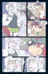  anthro anti_dev blush clothed clothing comic digital_media_(artwork) domestic_cat duo english_text felid feline felis fur hair hi_res male male/male mammal mustela mustelid musteline skids text tragia 