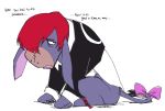  1boy cosplay eeyore english_text nyattoberry one_eye_covered red_hair ribbon solo tail tail_ribbon the_king_of_fighters white_background winnie_the_pooh yagami_iori yagami_iori_(cosplay) 