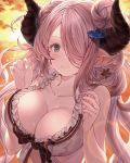  1girl backlighting bare_shoulders bikini black_bow blush bow breasts butterfly_earrings cleavage closed_mouth collarbone draph earrings frilled_bikini frills granblue_fantasy hair_bun hair_ornament hair_over_one_eye horns jewelry keita_(kta0) large_breasts long_hair looking_at_viewer narmaya_(granblue_fantasy) pink_hair pointy_ears purple_eyes smile solo sparkle sunlight swimsuit upper_body very_long_hair water_drop wet white_bikini 