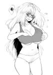  1girl braces breast_squeeze breasts cleavage commission dressing english_commentary freckles glasses greyscale highres inconvenient_breasts long_hair messy_hair monochrome navel norman_maggot original panties solo spoken_squiggle sports_bra squiggle standing underboob underwear underwear_only 