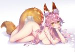  1girl absurdres animal_ear_fluff animal_ears bangs bare_shoulders blush breasts chin_rest closed_mouth fate/extra fate/grand_order fate_(series) fox_ears fox_girl fox_tail full_body hair_between_eyes highres hong_(white_spider) large_breasts legs long_hair looking_at_viewer lying nail_polish nipples nude paid_reward patreon_reward pink_hair sidelocks simple_background solo tail tamamo_(fate)_(all) tamamo_no_mae_(fate) thighs very_long_hair white_background yellow_eyes 
