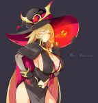  1girl blonde_hair breasts breathing_fire brooch cape character_name cleavage cowboy_shot dress fire gloves gohan_(gohanchang) gold_trim hair_between_eyes hand_on_hip hat hat_ornament highres index_finger_raised jewelry large_breasts long_hair looking_at_viewer multicolored multicolored_cape multicolored_clothes navel_cutout nijisanji nui_sociere one_eye_closed partly_fingerless_gloves revealing_clothes ribbon sideboob simple_background solo torn_clothes torn_hat virtual_youtuber witch_hat yellow_eyes 