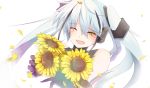  1girl bangs bare_shoulders blush destroyer_(girls_frontline) eyebrows_visible_through_hair flower girls_frontline highlights highres long_hair multicolored_hair one_eye_closed open_mouth sidelocks silver_hair smile solo sunflower turtleneck twintails user_gzph5288 very_long_hair yellow_eyes 