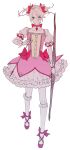  1boy arrow_(projectile) bow_(weapon) cosplay crossdressing eyeshadow fate/grand_order fate_(series) full_body gloves hair_between_eyes hair_ribbon highres hukahire0313 kaname_madoka kaname_madoka_(cosplay) karna_(fate) magical_boy mahou_shoujo_madoka_magica makeup male_focus pale_skin pantyhose ribbon shoes skirt thighhighs twintails weapon 