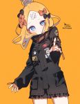  1girl :o abigail_williams_(fate/grand_order) bangs black_bow black_jacket blonde_hair blue_eyes blush bow commentary_request crossed_bandaids fate/grand_order fate_(series) hair_bow hair_bun heroic_spirit_traveling_outfit highres jacket key long_hair long_sleeves looking_at_viewer orange_background orange_bow parted_bangs parted_lips signature sleeves_past_wrists sofra solo standing star_(symbol) twitter_username 
