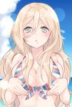  1girl bikini blonde_hair blue_eyes blush breasts cleavage cloud collarbone day eyebrows_visible_through_hair front-tie_bikini front-tie_top kantai_collection large_breasts long_hair mole mole_under_eye mole_under_mouth parted_lips richelieu_(kantai_collection) saiki_yuzuri solo swimsuit twitter_username upper_body 