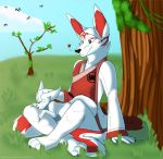  &lt;3 2020 anthro asian_mythology canid canine clothed clothing digital_media_(artwork) east_asian_mythology eyes_closed feral fox fox_spirit fur grumpy_griffin_creations hi_res male mammal multi_tail mythology outside petting red_body red_fur simple_background sitting smile solo topwear tree white_body white_fur 