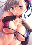  1girl american_flag_bikini bangs bikini black_gloves blue_eyes blush breasts bun_cover choker cleavage collarbone covered_nipples elbow_gloves fate/grand_order fate_(series) fingerless_gloves flag_print floating_hair gloves hands_on_own_chest kase_daiki large_breasts long_hair looking_at_viewer miyamoto_musashi_(fate/grand_order) miyamoto_musashi_(swimsuit_berserker)_(fate) pink_hair sidelocks simple_background single_elbow_glove smile solo sweat swept_bangs swimsuit tongue tongue_out upper_body 