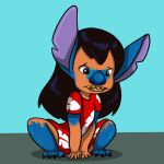  1:1 2020 5_fingers absurd_res alien bangs black_hair blacksheeptfs blue_body blue_fur blue_nose brown_eyes child claws clothed clothing crouching digital_drawing_(artwork) digital_media_(artwork) disney dress experiment_(lilo_and_stitch) eyebrows fan_character female fingers fur hair hi_res human lilo_and_stitch lilo_pelekai lilo_pelekai_(experiment) long_hair mammal muumuu notched_ear open_mouth raised_inner_eyebrows red_clothing red_dress simple_background solo stitch_(lilo_and_stitch) toe_claws transformation yellow_teeth young 