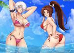  2girls angel angel_(kof) ass bikini breasts brown_hair fatal_fury highres large_breasts mexican_flag multiple_girls one_eye_closed one_eye_covered patdarux ponytail shiranui_mai swimsuit the_king_of_fighters white_hair 