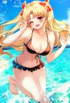  1girl bangs bare_shoulders beach bikini blonde_hair blush bow breasts chiachun0621 cloud collarbone ereshkigal_(fate/grand_order) eyebrows_visible_through_hair fate/grand_order fate_(series) hair_bow highres long_hair looking_at_viewer medium_breasts navel ocean one_eye_closed open_mouth parted_bangs red_eyes sky solo stomach swimsuit two_side_up 
