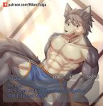  abs anthro blue_clothing blue_text bulge canid canine canis clothed clothing domestic_dog fur grey_body grey_ears grey_fur grey_inner_ear_fluff grey_tail hi_res husky inner_ear_fluff kouya_(morenatsu) male mammal morenatsu muscular muscular_male nipples nordic_sled_dog ritorutaiga spitz teeth text tongue topless tuft video_games visual_novel 