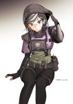  1girl absurdres armor beanie belt belt_pouch black_eyes black_hair black_headwear black_pants braid closed_mouth dokkaebi_(rainbow_six_siege) elbow_gloves feet_out_of_frame glasses gloves gradient gradient_background hat highres long_hair looking_at_viewer multicolored_hair original pants pouch radio rainbow_six_siege round_eyewear signature sitting smile solo south_korean_flag tight tight_pants twin_braids two-tone_hair walkie-talkie white_background white_hair 