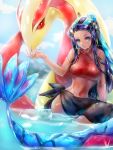  1girl alternate_costume bare_arms bare_shoulders black_hair black_sarong blue_eyes blue_hair blue_sky breasts closed_mouth cloud dark_skin day earrings eyelashes eyeshadow gen_3_pokemon gym_leader highres hoop_earrings jewelry large_breasts long_hair makeup milotic multicolored_hair navel outdoors partially_submerged pokemon pokemon_(creature) pokemon_(game) pokemon_swsh purple_eyeshadow rurina_(pokemon) sarong sky tsukigime_(fool_ehle) two-tone_hair very_long_hair water wet wet_hair 
