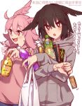  2girls :d :o alternate_costume bag black_hair blue_pants blush bottle can casual commentary_request contemporary eyebrows_visible_through_hair fate/grand_order fate_(series) grey_hoodie hair_between_eyes head_wings highres hildr_(fate/grand_order) holding holding_bag holding_bottle holding_can hood hood_down medium_hair mitsurugi_sugar motion_lines multiple_girls open_mouth ortlinde_(fate/grand_order) pants pink_hair pink_shirt red_eyes shirt shopping_bag short_hair smile translation_request upper_body valkyrie_(fate/grand_order) wavy_mouth white_background 