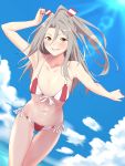  1girl ass_visible_through_thighs bikini blue_sky cloud collarbone commentary_request cowboy_shot day dutch_angle flat_chest grin hachimaki headband high_ponytail highres kantai_collection leaning_forward long_hair looking_at_viewer navel ocean outdoors outstretched_arms shingyo side-tie_bikini sky smile solo striped striped_bikini swimsuit thigh_gap zuihou_(kantai_collection) 