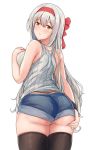  1girl alternate_costume ass black_legwear blue_shorts brown_eyes casual commentary_request denim denim_shorts from_behind headband highres kantai_collection long_hair red_headband ribbed_sweater shorts shoukaku_(kantai_collection) simple_background sleeveless_sweater solo suisen_toire_(moko924) sweater thighhighs white_background white_hair white_sweater 