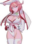  1girl ahoge animal_ears bad_source bare_shoulders breasts bridal_veil bunny_ears elphelt_valentine frontal_wedgie gloves green_eyes guilty_gear guilty_gear_xrd highres kyou_(ningiou) large_breasts leotard looking_at_viewer pink_hair shiny shiny_hair shiny_skin short_hair smile solo thighhighs veil wedgie 