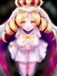  1girl blonde_hair breasts crown dress drill_hair eyebrows_visible_through_hair fingernails furrowed_eyebrows hands_clasped highres holy_mami interlocked_fingers juliet_sleeves long_hair long_sleeves looking_at_viewer magia_record:_mahou_shoujo_madoka_magica_gaiden magical_girl mahou_shoujo_madoka_magica medium_breasts nail_polish open_mouth own_hands_together puffy_sleeves ribbon solo thighhighs tomoe_mami tsukigime_(fool_ehle) twin_drills veil white_dress white_legwear yellow_eyes yellow_nails yellow_ribbon zettai_ryouiki 