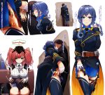  2girls absurdres admiral_(kantai_collection) against_wall anchor_hair_ornament atlanta_(kantai_collection) belt black_headwear black_neckwear blue_hair blue_skirt blush bra_through_clothes breasts brown_hair commentary_request earrings eyebrows_visible_through_hair garrison_cap gloves gotland_(kantai_collection) grey_eyes hair_between_eyes hair_bun hair_ornament half_gloves hand_on_thigh hat heart highres holding_hands jewelry kamezou_(kame-zo) kantai_collection lap_pillow large_breasts long_hair long_sleeves looking_at_viewer military military_uniform mole mole_under_eye multiple_girls open_mouth partly_fingerless_gloves remodel_(kantai_collection) rigging shirt simple_background single_earring sitting skirt star_(symbol) star_earrings suspenders thigh_strap thighhighs translation_request twintails two_side_up uniform white_gloves white_shirt 