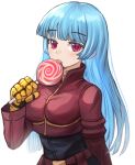  1girl bangs blue_hair bodysuit breasts candy eyebrows_visible_through_hair food gloves highres kula_diamond licking lollipop long_hair looking_at_viewer medium_breasts purple_eyes simple_background sookmo the_king_of_fighters upper_body white_background 