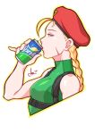  1girl 2019 antenna_hair beret blonde_hair blue_eyes braid cammy_white can drinking eyeshadow facial_scar from_side green_leotard hat highres its_just_suppi leotard long_hair looking_at_viewer looking_to_the_side makeup pinky_out product_placement red_headwear scar scar_on_cheek signature soda_can solo sprite_(drink) street_fighter street_fighter_v twin_braids 