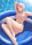  1girl arm_behind_head armpits bikini breasts cleavage green_eyes hair_intakes highres large_breasts mugetsu2501 navel original parted_lips pink_hair raft short_hair swimsuit water 